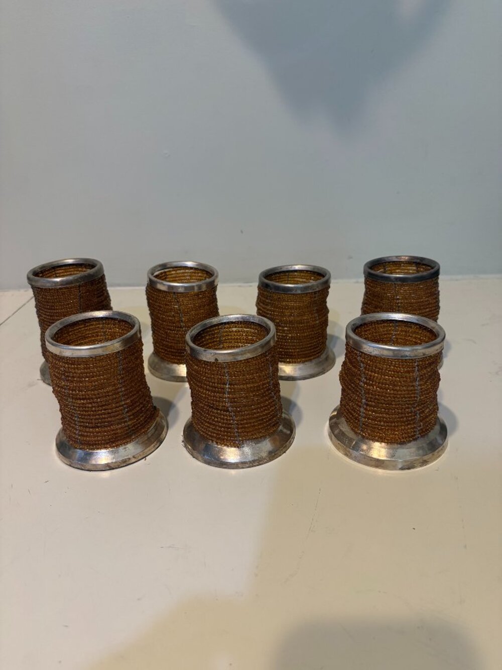 SET/7 POTTERY BARN SILVERPLATE HALLOWEEN ORANGE BEADED VOTIVE HOLDERS Preowned